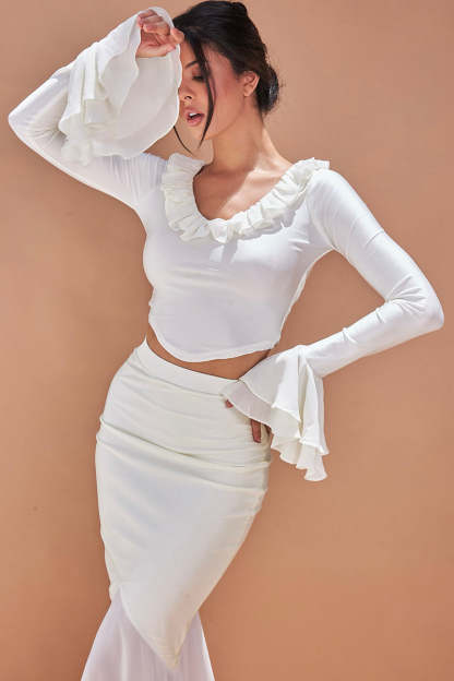 V Neck Ruffle Flare Sleeve Top Fishtail Midi Skirt 2pcs Set-White
