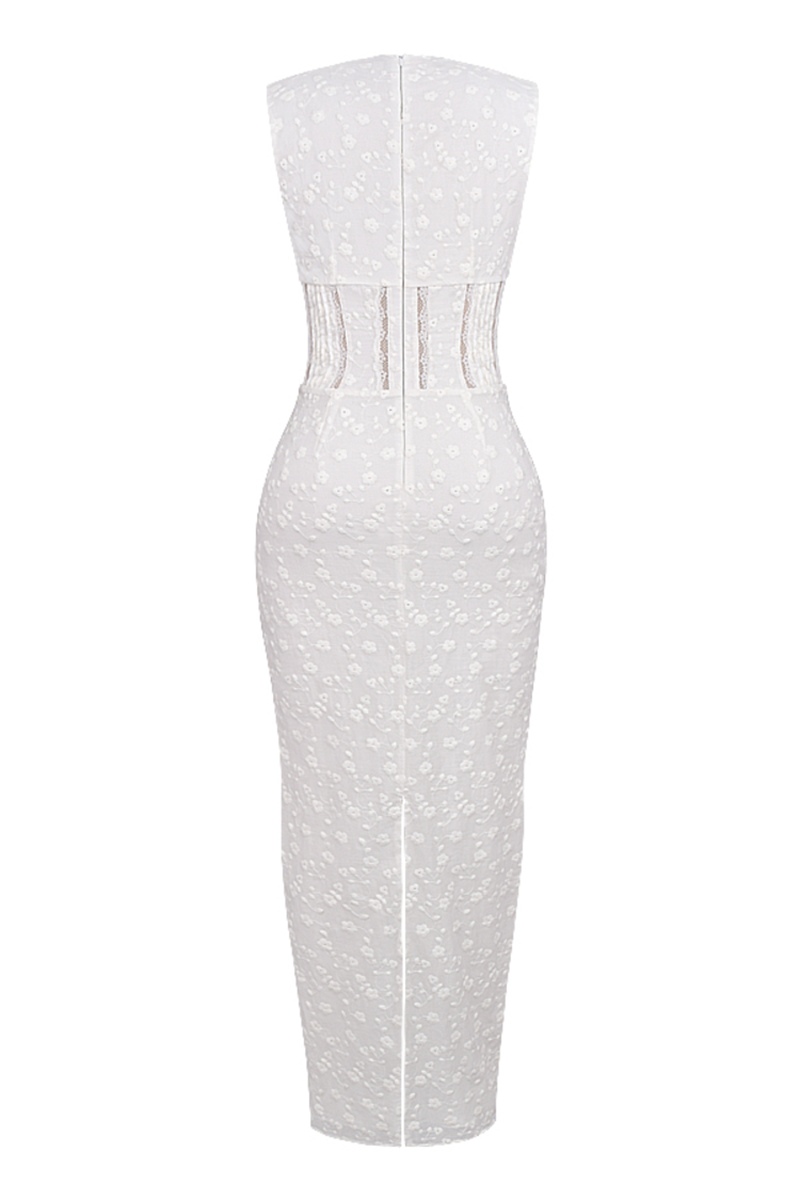 Deep V Neck Cinch Waist Floral Embroidery Maxi Tank Dresses-White