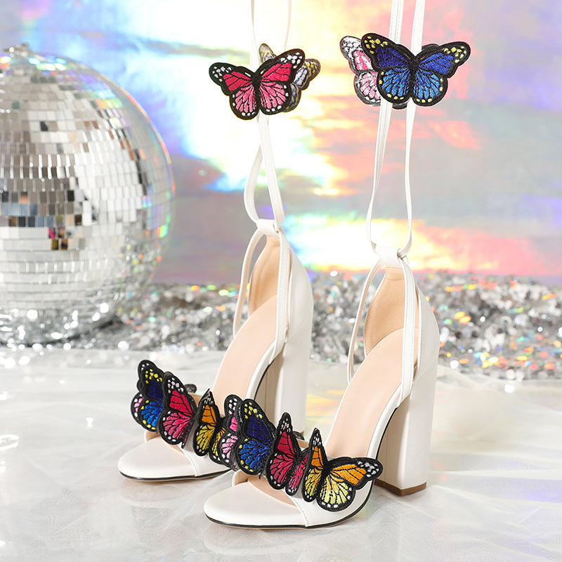 Tie Up Cross Strap Multicolor Embroidered Butterflies Decor Sandal Heels