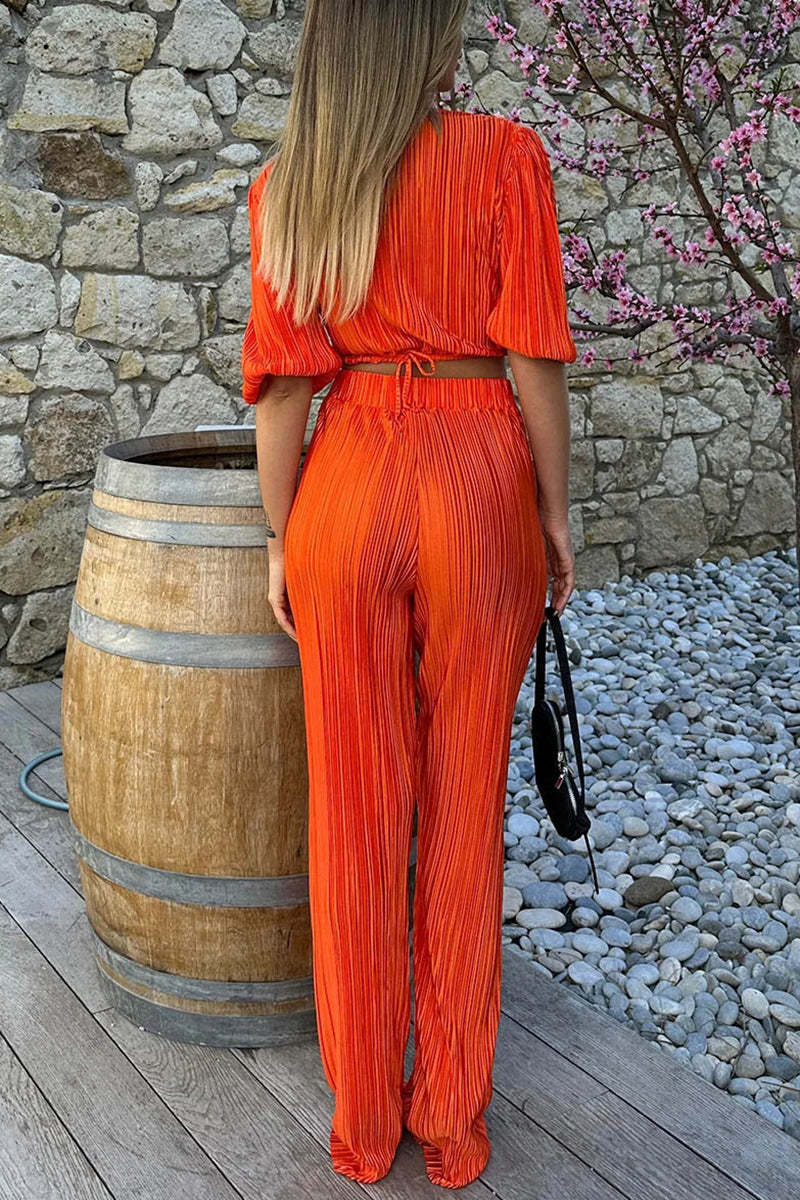 Haif Puffy Sleeve V Neck Tied Up Crop Top Straight Leg Pants Pleated Slim Matching Sets