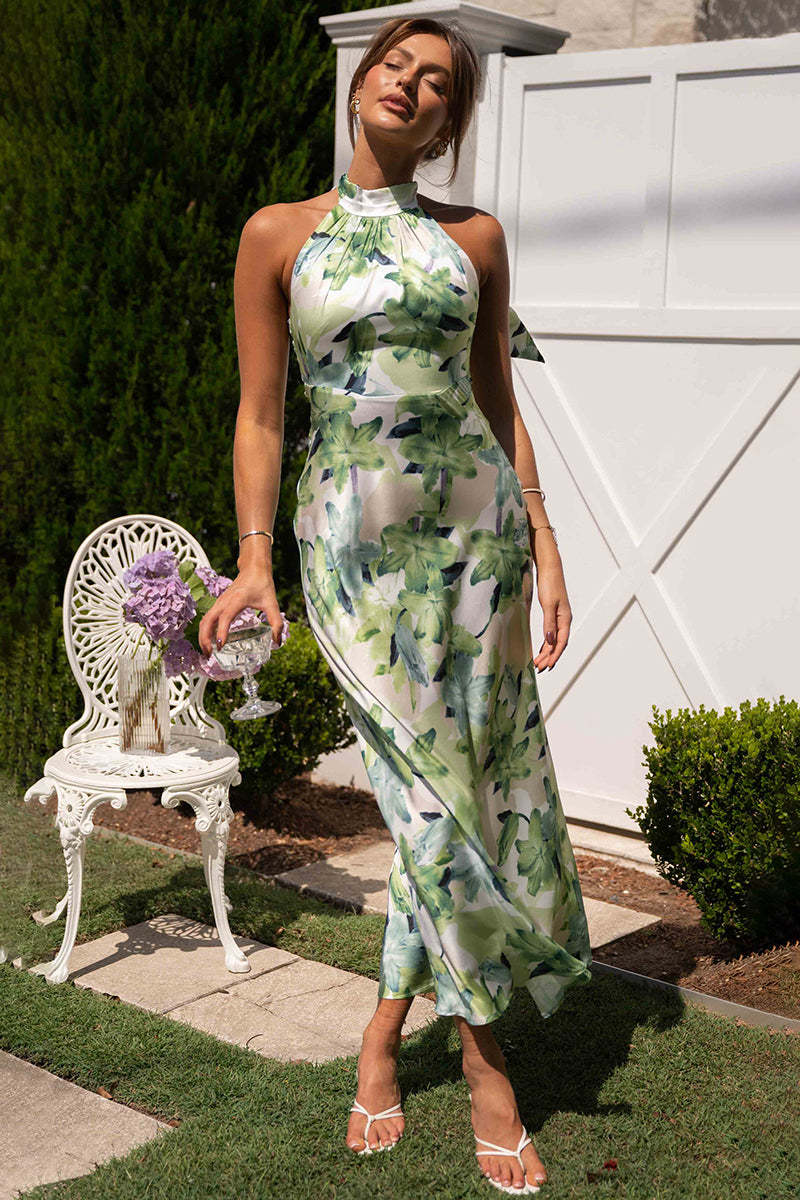 Floral Print Halter Backless Flowy Vacation Maxi Dresses