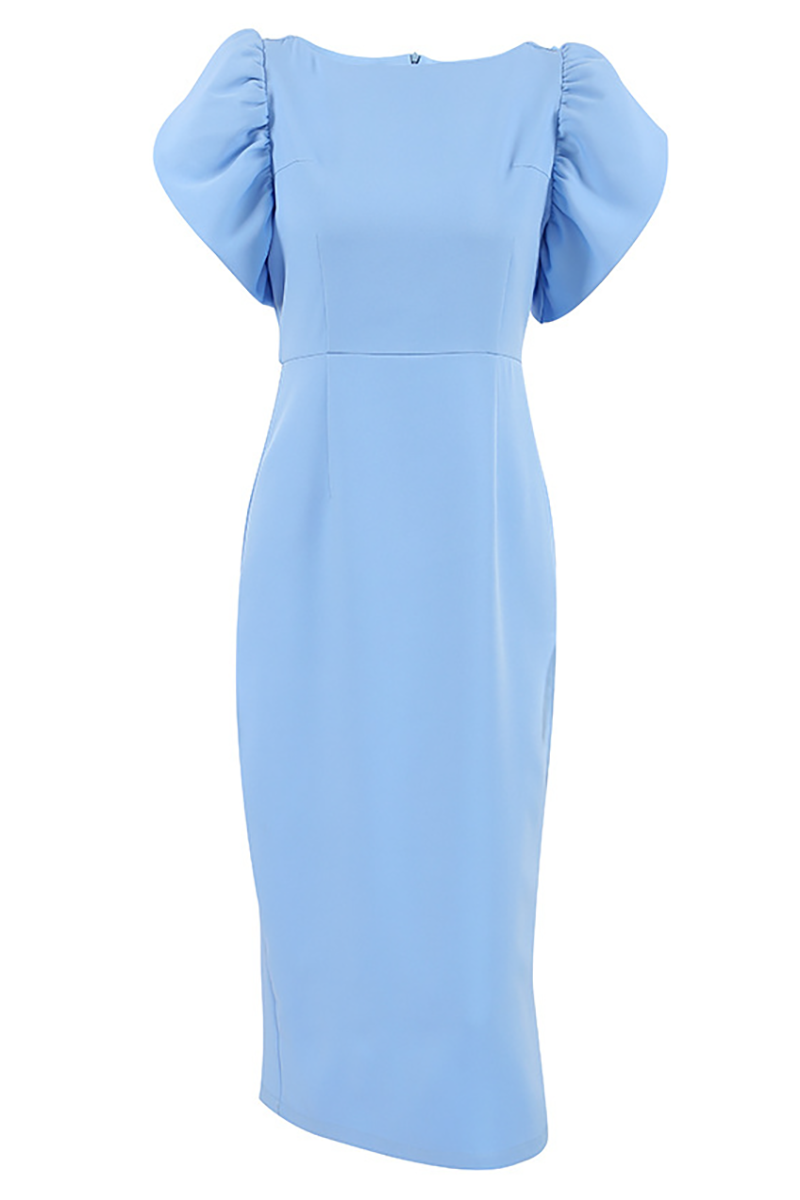 Ruffled Short Sleeve Cinch Waist Back Slit Hem Midi Dresses-Blue