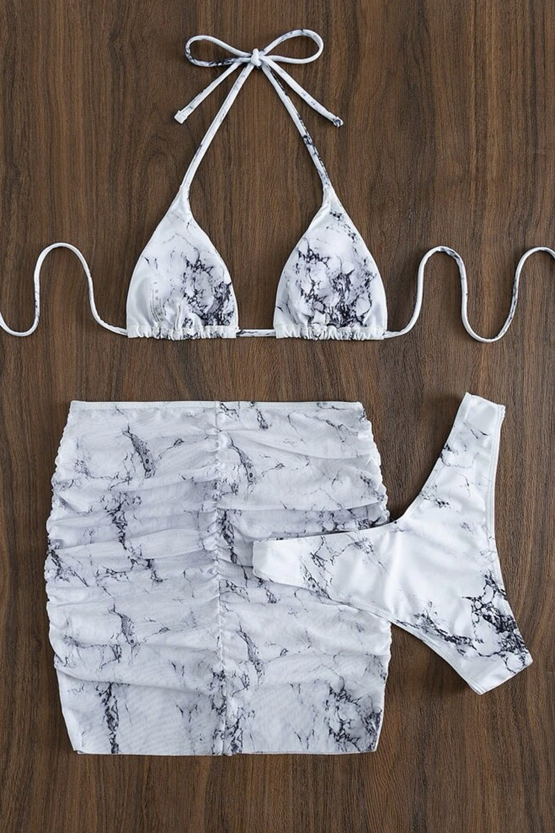 Halter Pattern Print Ruched Mini Skirt Bikini Three Pieces Set
