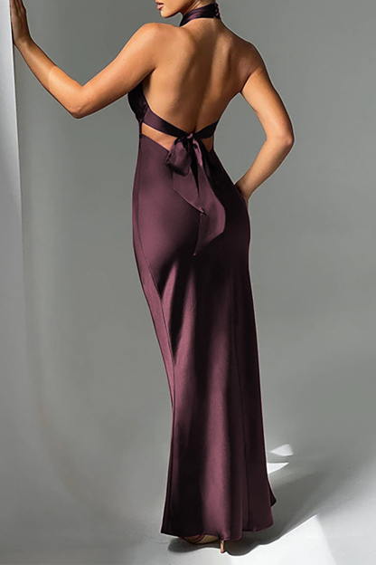 Cross Halter Bodycon Tie Up Open Back Gowns Maxi Dresses-Navy