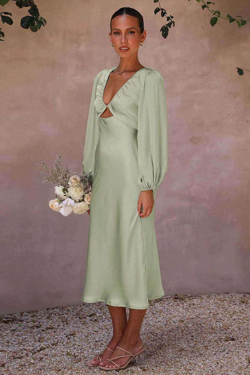 Satin Deep V Neck Lantern Sleeve Tie Up Backless Slim Fit Bridesmaid Gowns Midi Dresses