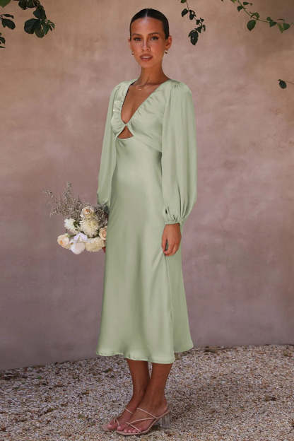 Satin Deep V Neck Lantern Sleeve Tie Up Backless Slim Fit Bridesmaid Gowns Midi Dresses