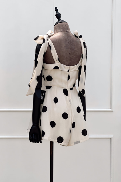 Polka Dot Print Tie Up Straps Cinch Waist Playsuit Romper-Beige