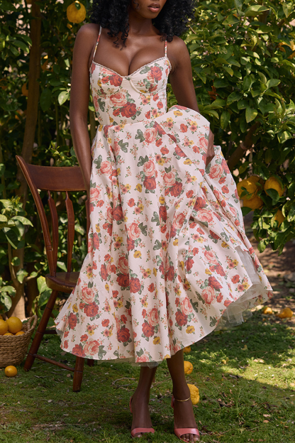 Floral Print Corset Spaghetti Strap Midi Dresses-White