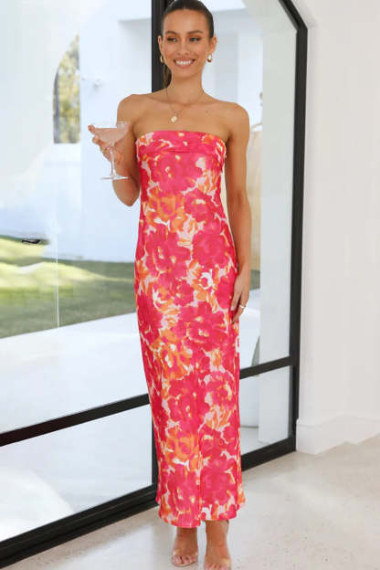 Floral Print Strapless Cut Out Flowy Satin Vacation Maxi Dresses