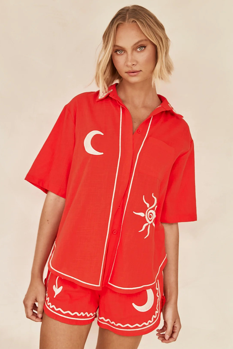 Floral Embroidery Short Sleeve Blouse Elastic Waist Shorts Matching Set-Blue