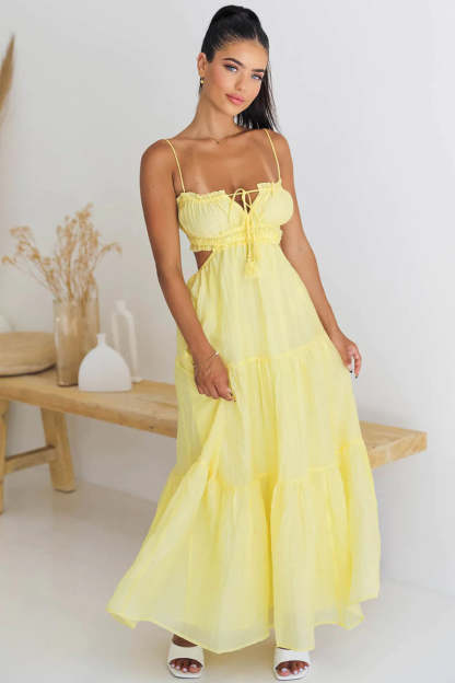 Tied Up Backless Ruched Tiered Pleated Slip Maxi Dress