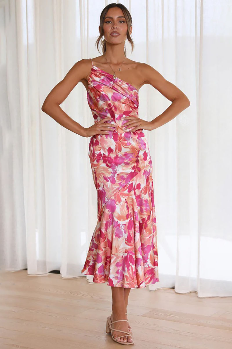 Floral Print One Shoulder Asymmetric Midi Dresses