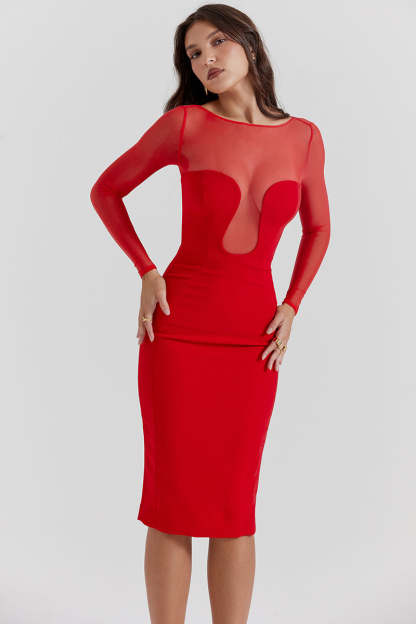 Mesh Patchwork Long Sleeve Irregular Corset Bodycon Midi Dresses-Red