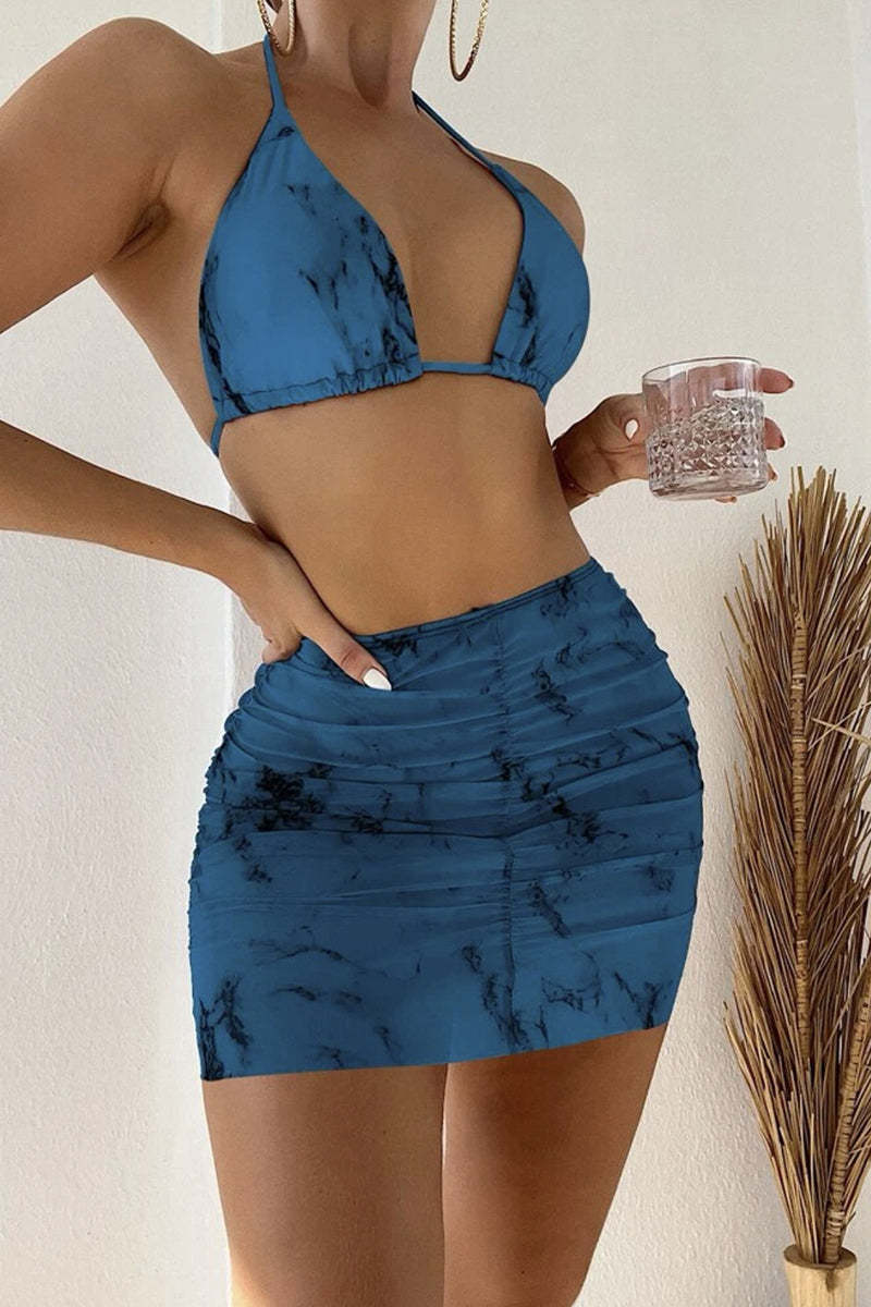 Halter Pattern Print Ruched Mini Skirt Bikini Three Pieces Set