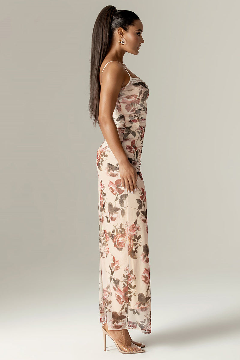 Floral Print Corset Wedding Guest Party Maxi Slip Dresses-Beige Pre Order