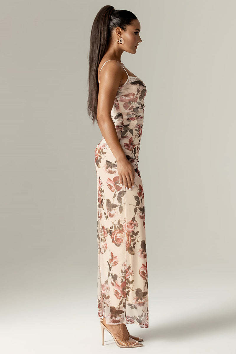 Floral Print Corset Wedding Guest Party Maxi Slip Dresses-Beige Pre Order