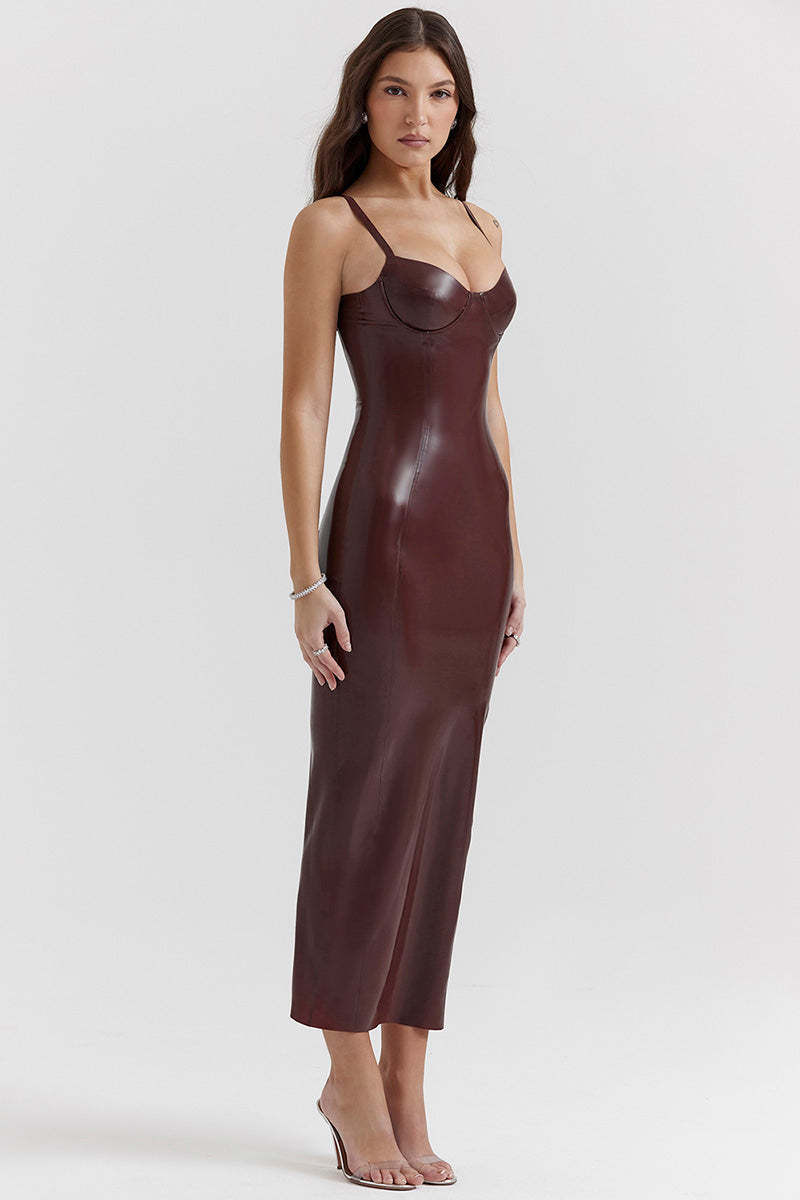 PU Leather Cami Bodycon Cocktail Party Midi Dresses-Brown