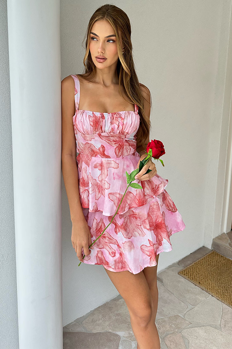 Floral Print Boat Neck Tie Up Backless Tiered Hem Slip Mini Dresses-Pink