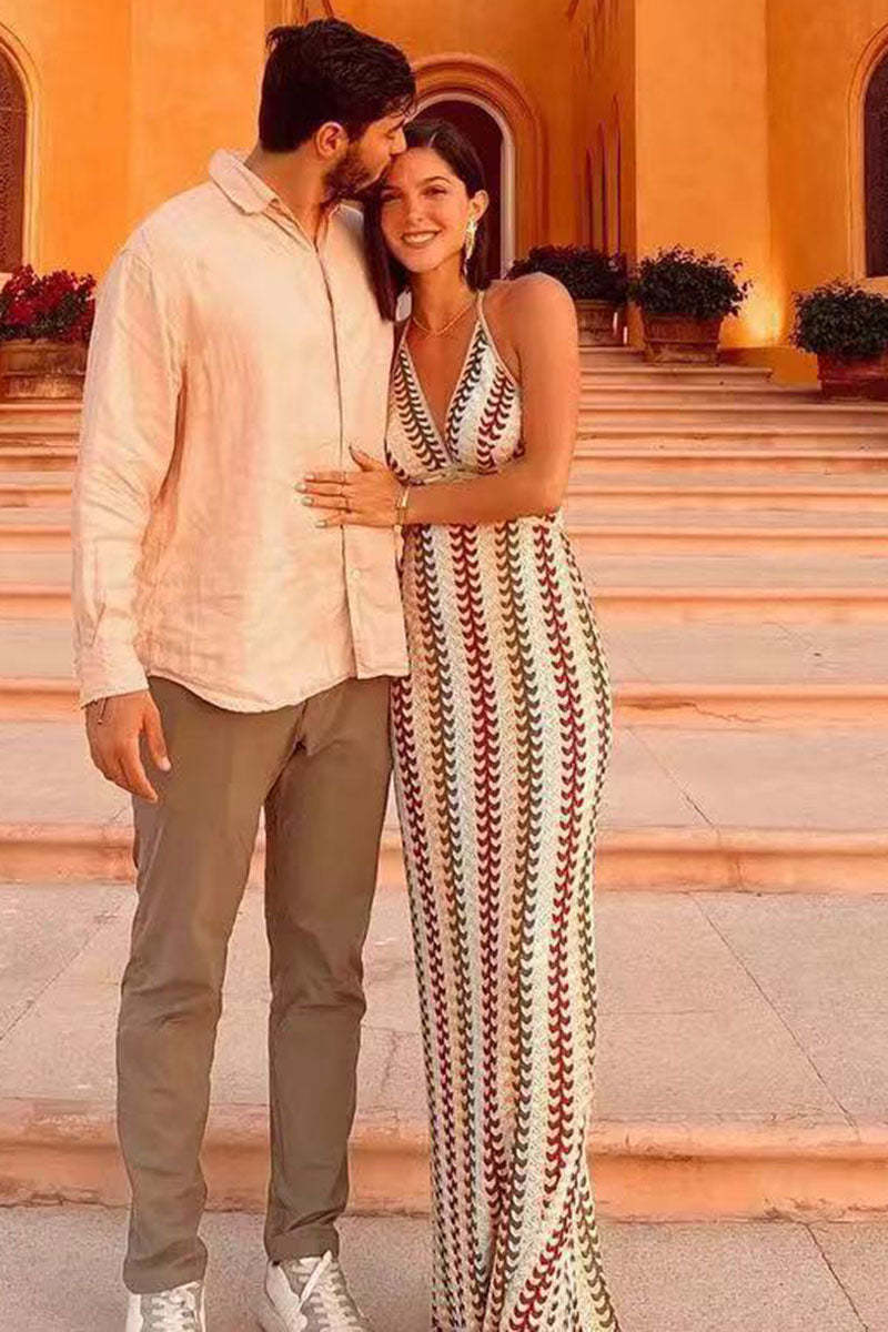 Halter V Neck Backless Boho Pattern Knit Slim-Fit Vacation Maxi Dresses-Beige