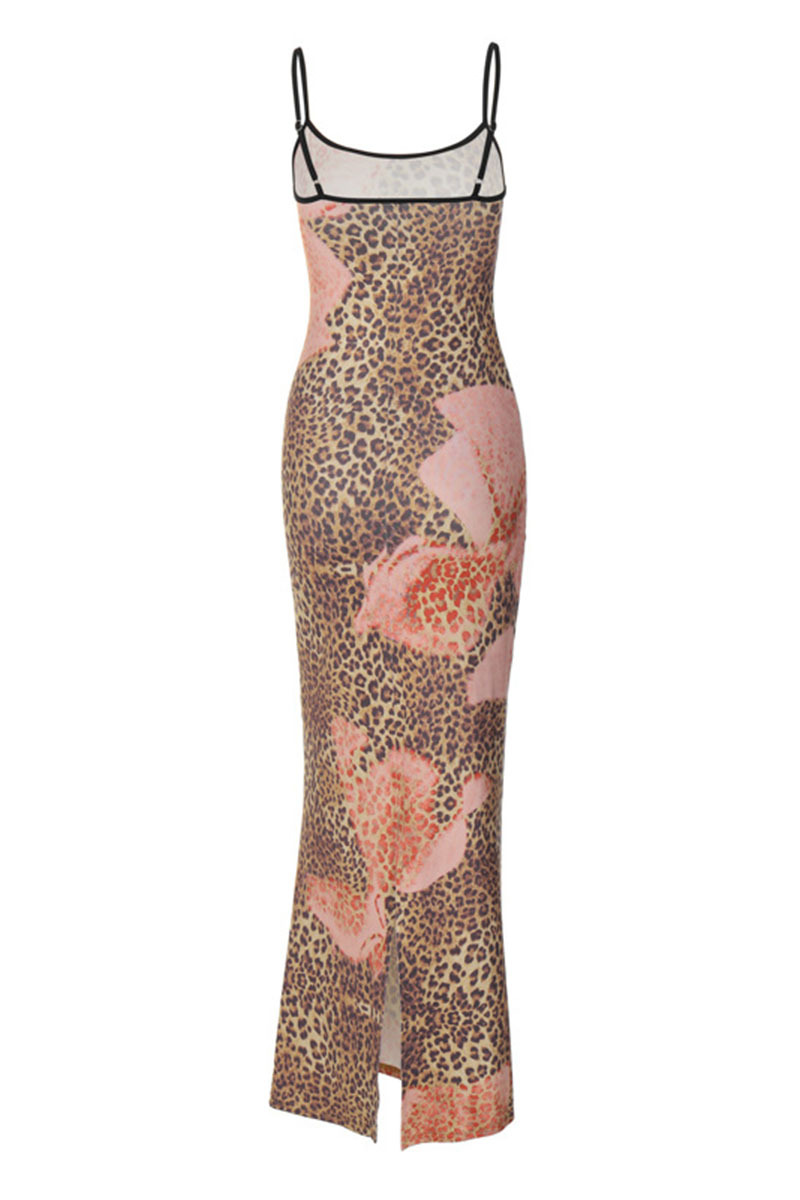 Leopard Print Slim-Fit Cocktail Party Maxi Slip Dresses-Brown