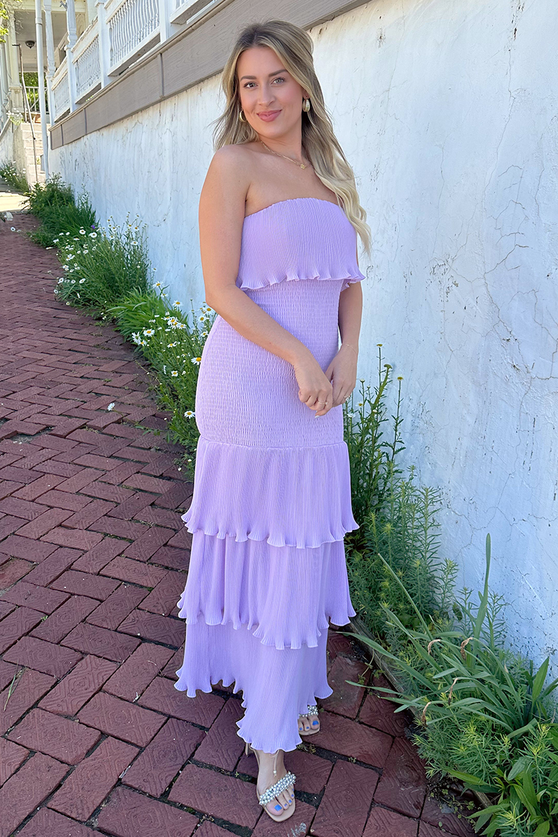 Boat Neck Strapless Layered Ruffled Plain Maxi Dresses-Purple Pre Order