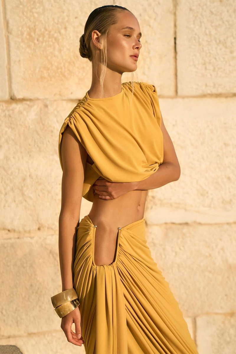 Sleeveless Crop Top Ruched Midi Skirt Matching Set-Yellow