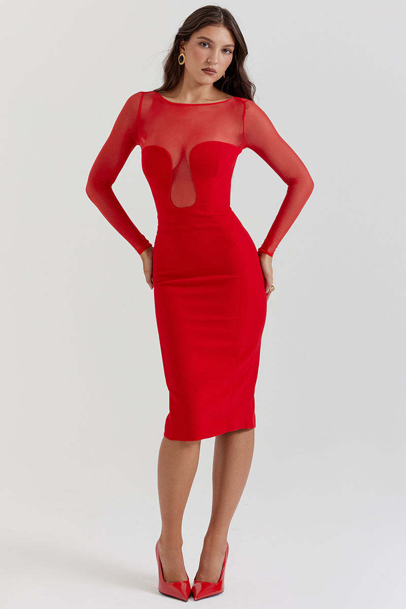 Mesh Patchwork Long Sleeve Irregular Corset Bodycon Midi Dresses-Red