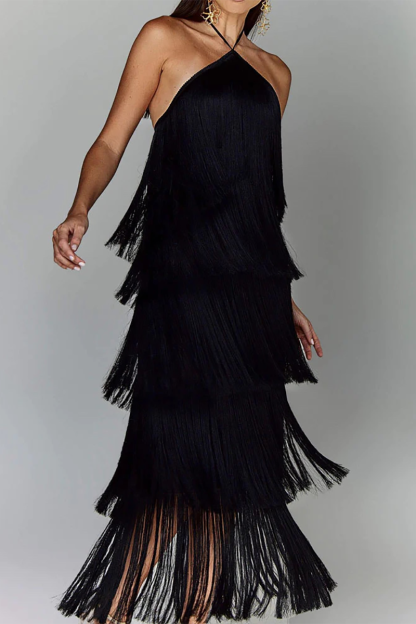 Tiered Fringed Sleeveless Halter Open Back Prom Party Maxi Dresses-Brown