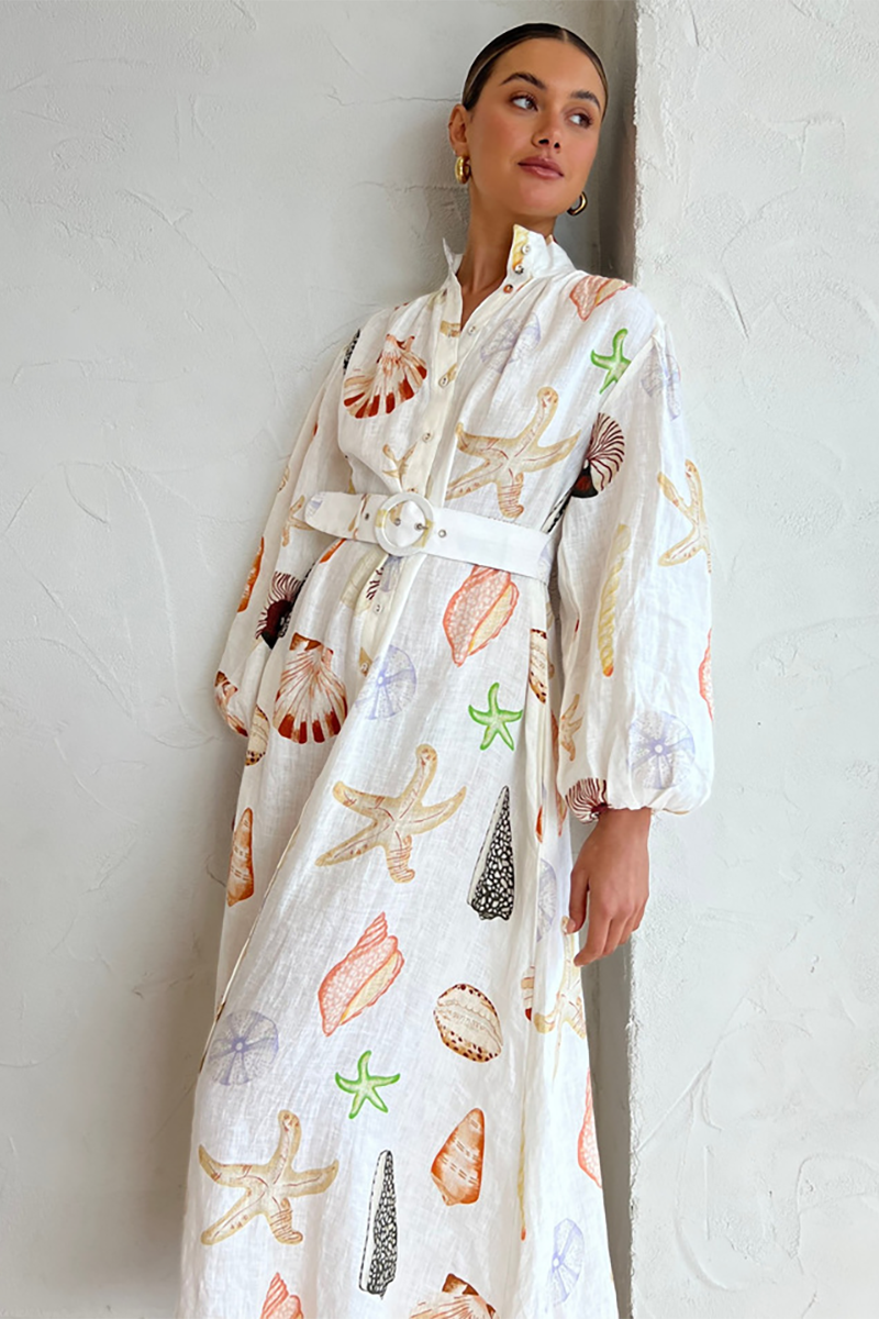 Seashell Starfish Print Lantern Sleeve Button Up Blouse Maxi Dresses-White