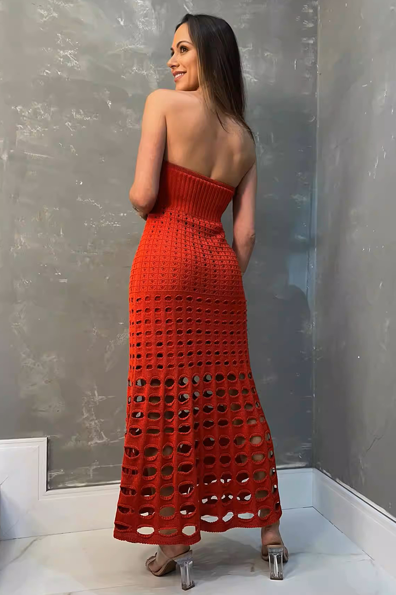 Knit Strapless Slim Fit Hollow Out Vacation Maxi Dresses-White