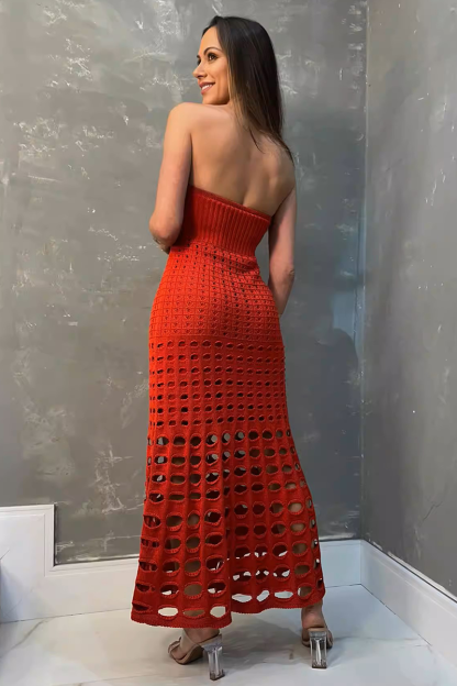 Knit Strapless Slim Fit Hollow Out Vacation Maxi Dresses-White