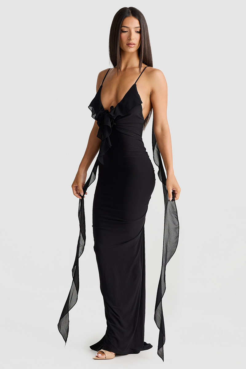 Deep V Neck Backless Bodycon Ruffled Streamer Party Maxi Slip Dresses-Red