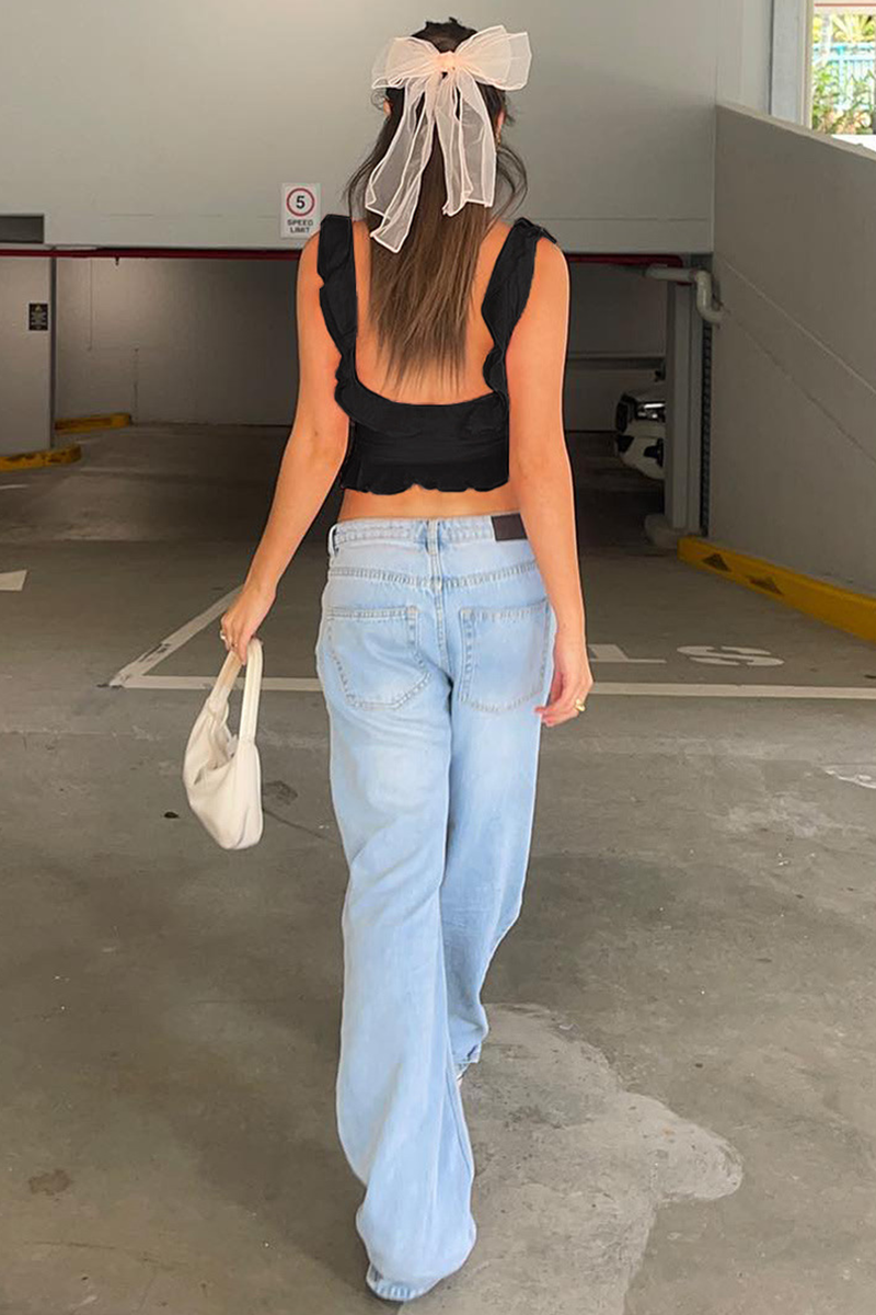 U Neck Ruffled Trim Sleeveless Irregular Crop Top-Pink