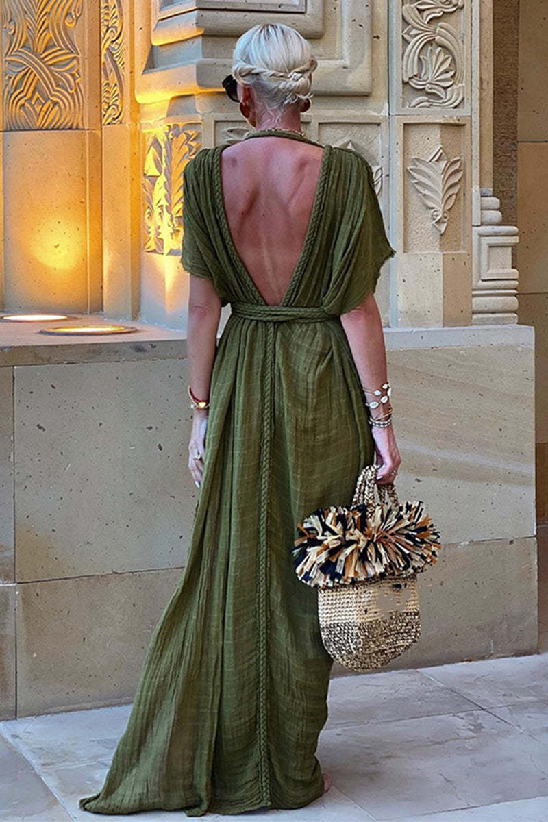 Pleated V Neck Backless Draped Braids Cover Up Slit Maxi Dresses-Green