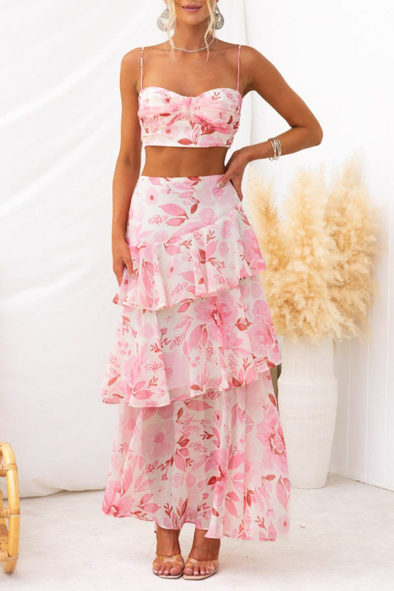 Floral Print Cami Crop Top Layered Maxi Skirt Matching Set-Pink