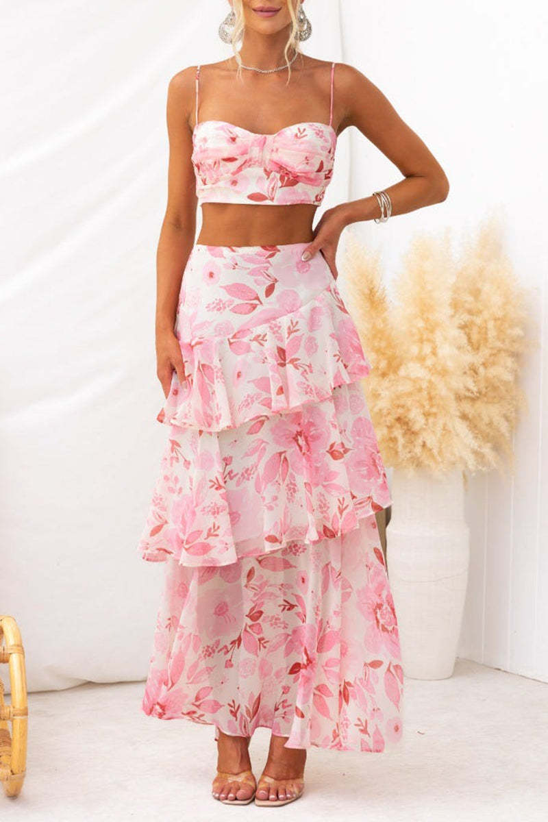 Floral Print Cami Crop Top Layered Maxi Skirt Matching Set-Pink
