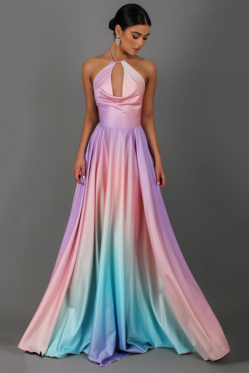 Gradient Halter Neck Backless Tied Up Party Maxi Dresses-Pink