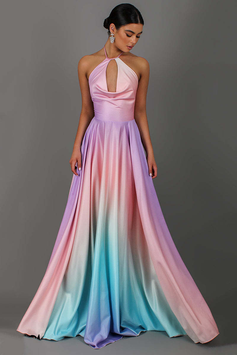 Gradient Halter Neck Backless Tied Up Party Maxi Dresses-Pink