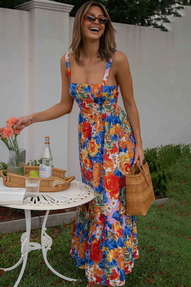 Square Neck Sleeveless Floral Print Pleated Vacation Maxi Dresses