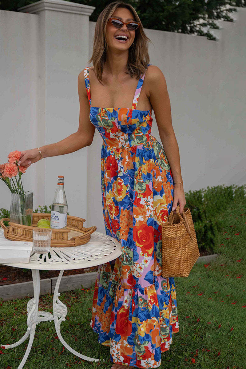 Square Neck Sleeveless Floral Print Pleated Vacation Maxi Dresses