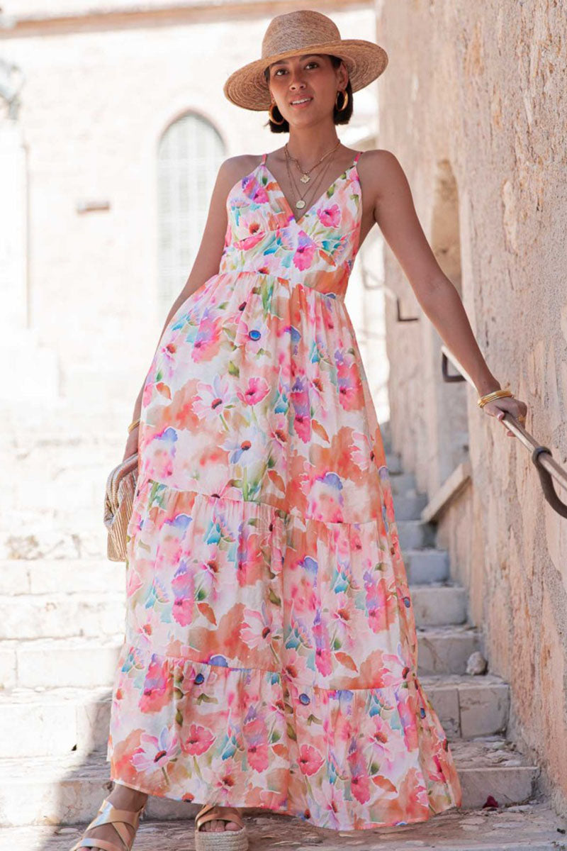 V Neck Backless Quilted Floral Print Vacation Maxi Slip Dresses