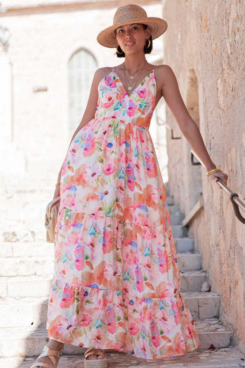 V Neck Backless Quilted Floral Print Vacation Maxi Slip Dresses