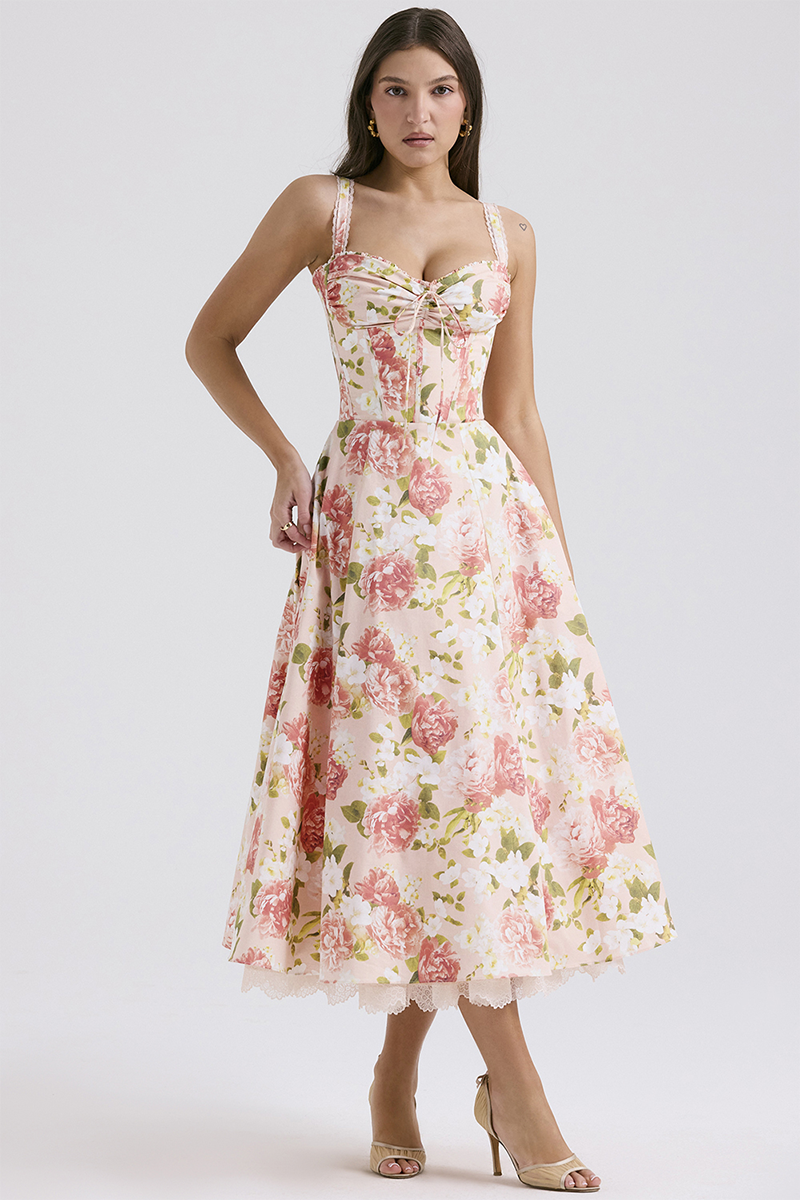 Floral Print Front Tie Up Corset A-Line Garden Party Slip Midi Dresses-Pink