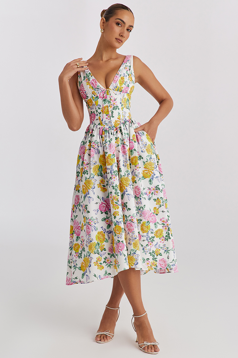 Floral Print Deep V Neck Corset Pocket Midi Tank Dresses-White