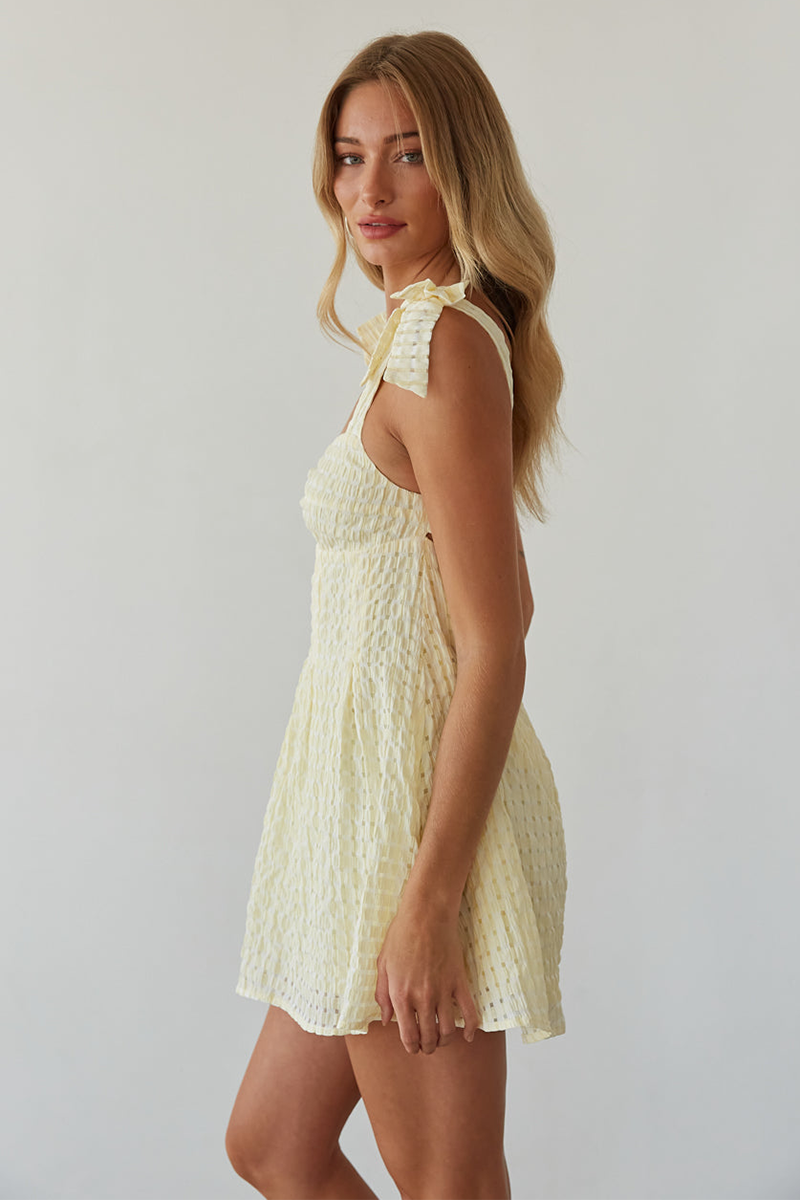 Bow Straps Open Back Plaid Pattern Textured Mini Dresses-Yellow