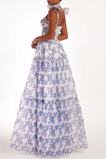 Floral Print Tie Up Cami Cinch Waist Tulle Elegant Gowns Maxi Dresses-Blue