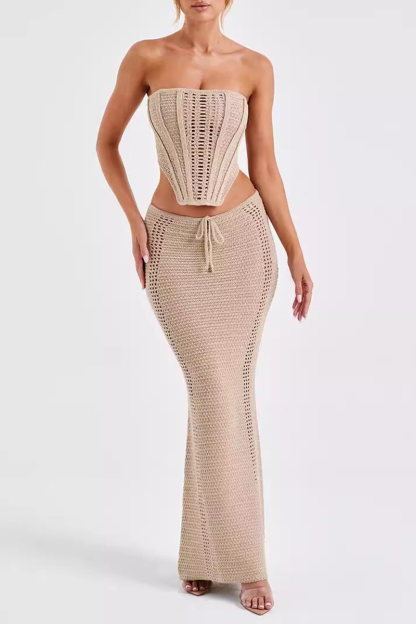 Hollow Out Knit Strapless Crop Top Bodycon Maxi Skirt Matching Set-Khaki