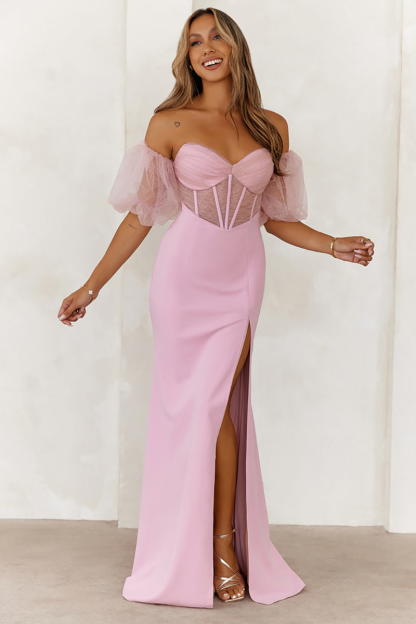 Tulle Patchwork Puff Sleeve Corset High Slit Maxi Dresses-Pink