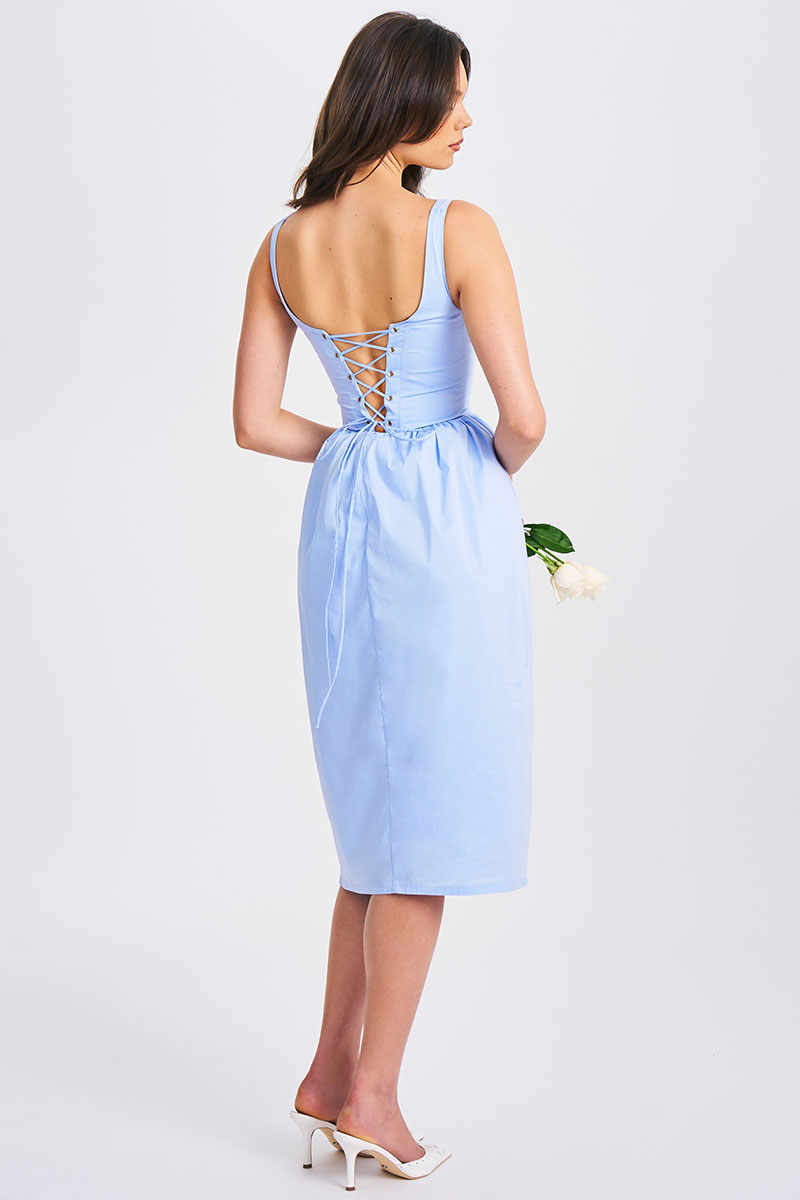 Cowl Neck Lace Up Cinch Waist Solid Color Midi Dresses-Blue Pre Order