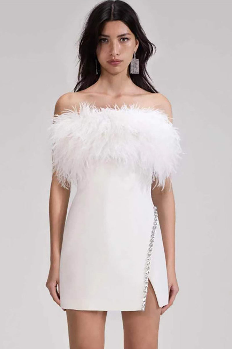 Feather Strapless Slim Fit Rhinestone Trim Slit Cocktail Party Mini Dresses-Black